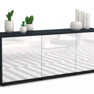 Lowboard Anella | Korpus Anthrazit | Front in Hochglanz Weiß | 136x49x35cm (BxHxT)