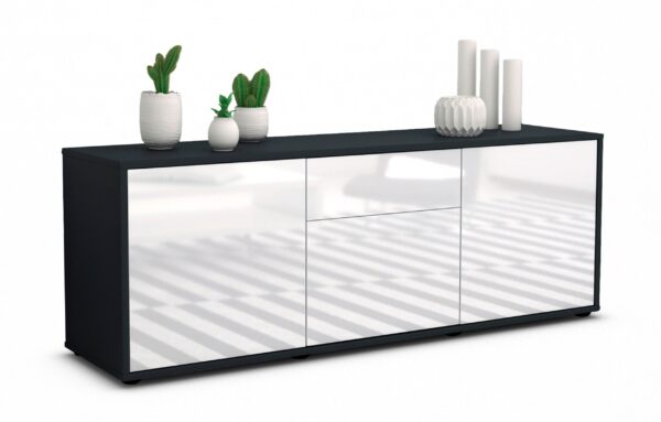Lowboard Anella | Korpus Anthrazit | Front in Hochglanz Weiß | 136x49x35cm (BxHxT)