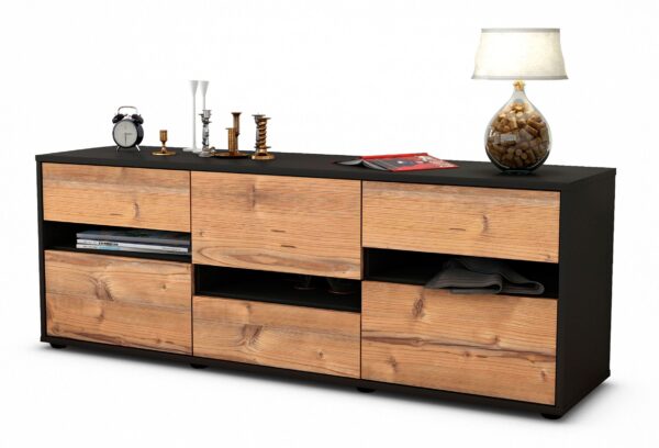 Lowboard Annalisa | Korpus Anthrazit | Front in Pinie Holz Optik | 136x49x35cm (BxHxT)