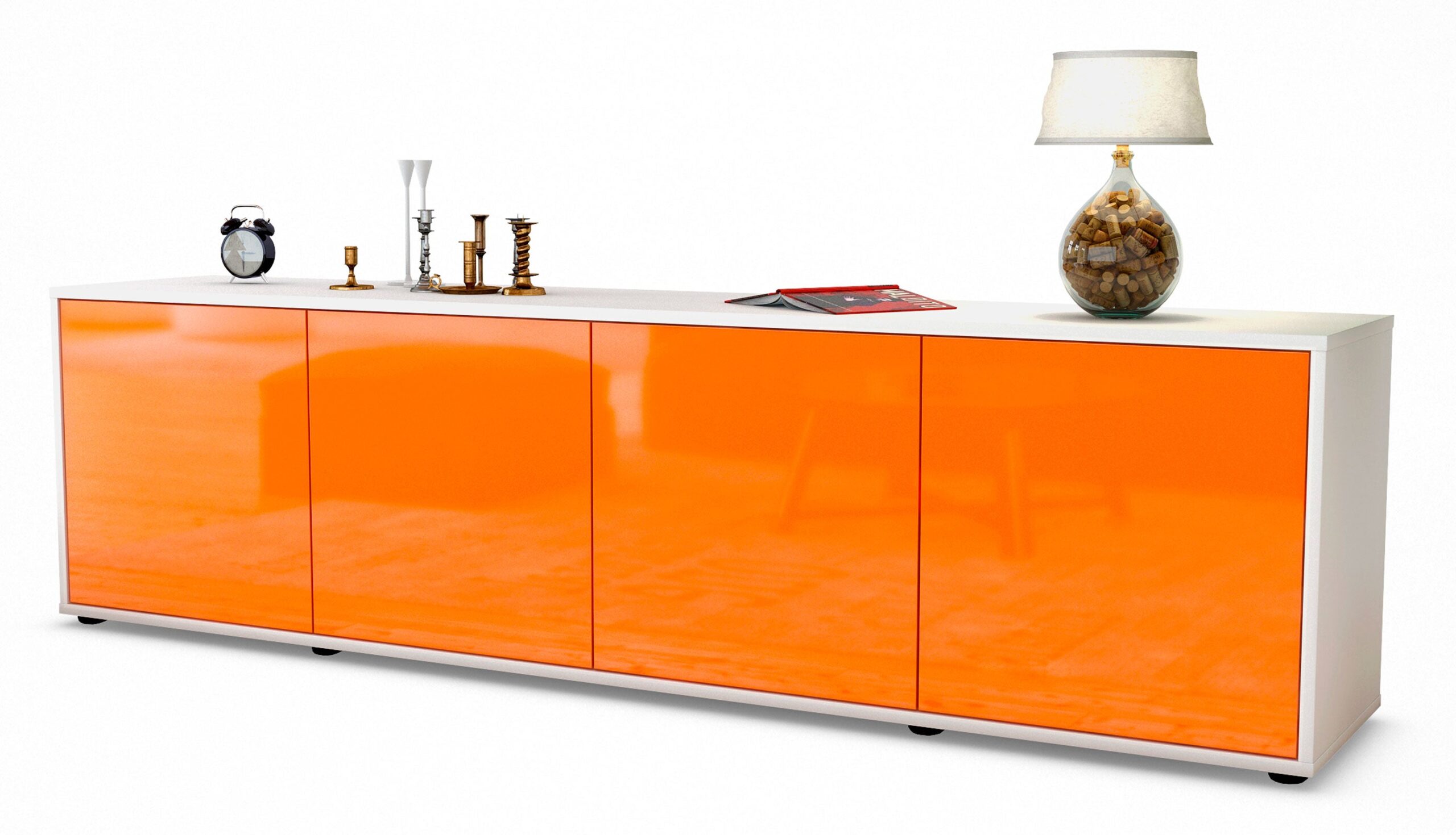 Lowboard Antonia | Korpus Weiß | Front in Hochglanz Orange | 180x49x35cm (BxHxT) 1 Lowboard Antonia | Korpus Weiß | Front in Hochglanz Orange | 180x49x35cm (BxHxT)