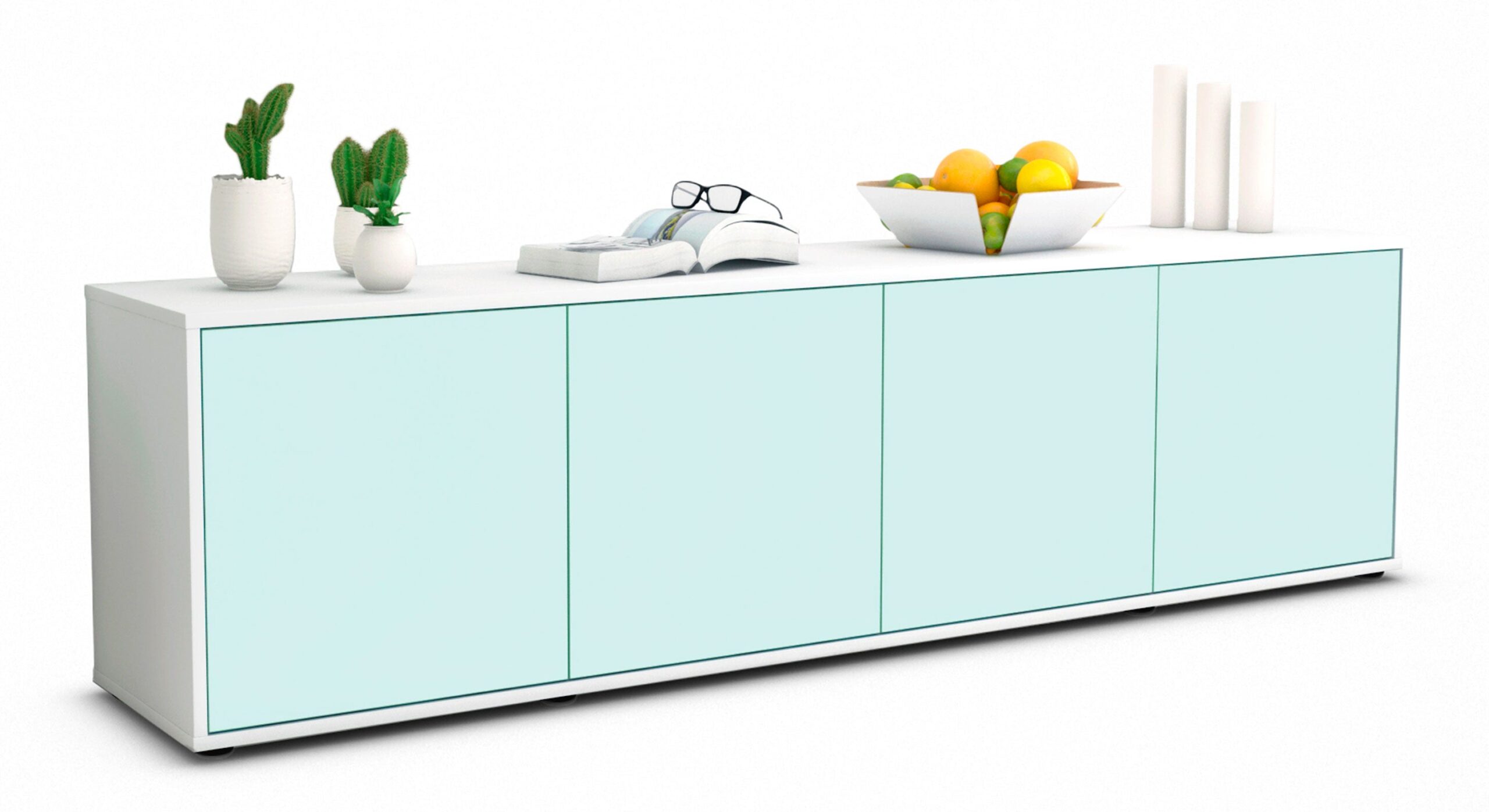 Lowboard Antonia | Korpus Weiß | Front in Mint | 180x49x35cm (BxHxT) 1 Lowboard Antonia | Korpus Weiß | Front in Mint | 180x49x35cm (BxHxT)