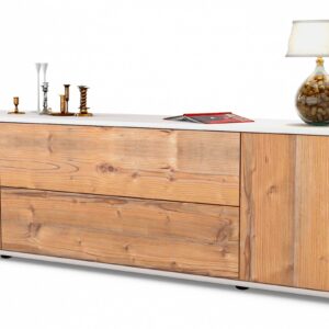 Lowboard Aquilina | Korpus Weiß | Front in Pinie Holz Optik | 180x49x35cm (BxHxT)