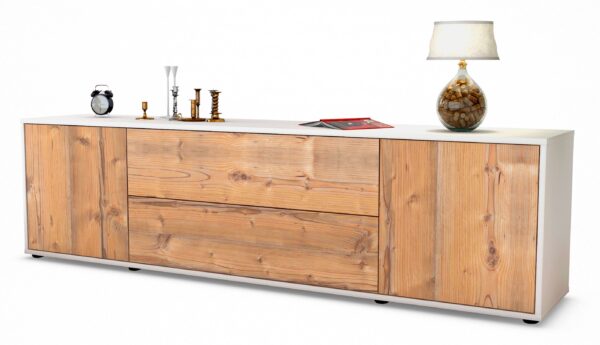 Lowboard Aquilina | Korpus Weiß | Front in Pinie Holz Optik | 180x49x35cm (BxHxT)
