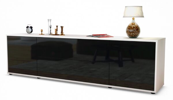 Lowboard Aquilina | Korpus Weiß | Front in Hochglanz Schwarz | 180x49x35cm (BxHxT)