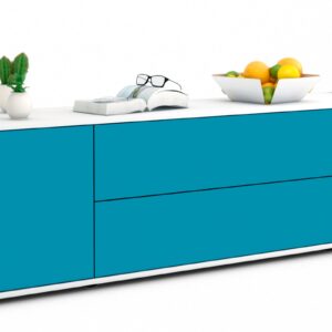 Lowboard Aquilina | Korpus Weiß | Front in Türkis | 180x49x35cm (BxHxT)