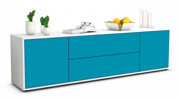 Lowboard Aquilina | Korpus Weiß | Front in Türkis | 180x49x35cm (BxHxT)