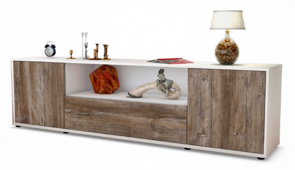 Lowboard Arbnora | Korpus Weiß | Front in Treibholz Holz Optik | 180x49x35cm (BxHxT)
