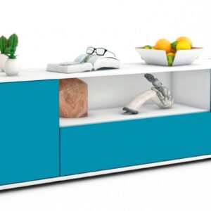 Lowboard Arbnora | Korpus Weiß | Front in Türkis | 180x49x35cm (BxHxT)