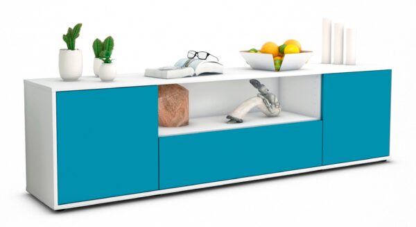 Lowboard Arbnora | Korpus Weiß | Front in Türkis | 180x49x35cm (BxHxT)