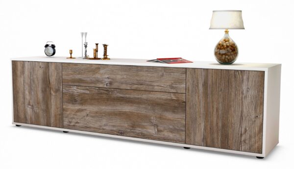 Lowboard Aria | Korpus Weiß | Front in Treibholz Holz Optik | 180x49x35cm (BxHxT)