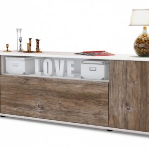 Lowboard Ariana | Korpus Weiß | Front in Treibholz Holz Optik | 180x49x35cm (BxHxT)