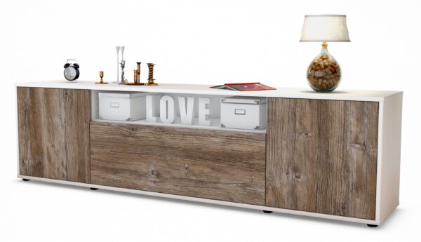 Lowboard Ariana | Korpus Weiß | Front in Treibholz Holz Optik | 180x49x35cm (BxHxT)