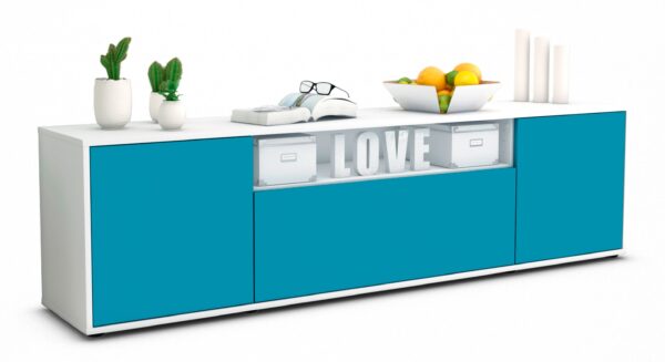 Lowboard Ariana | Korpus Weiß | Front in Türkis | 180x49x35cm (BxHxT)