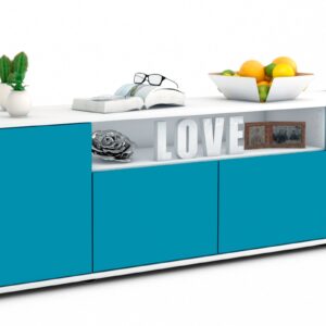 Lowboard Arianna | Korpus Weiß | Front in Türkis | 180x49x35cm (BxHxT)