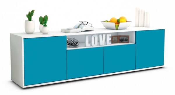 Lowboard Arianna | Korpus Weiß | Front in Türkis | 180x49x35cm (BxHxT)