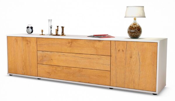 Lowboard Ariella | Korpus Weiß | Front in Eiche Holz Optik | 180x49x35cm (BxHxT)