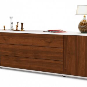 Lowboard Ariella | Korpus Weiß | Front in Walnuss Holz Optik | 180x49x35cm (BxHxT)