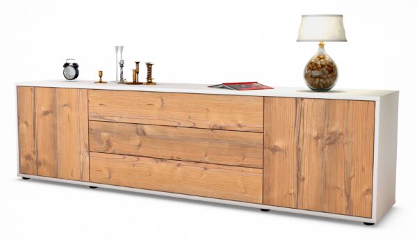 Lowboard Ariella | Korpus Weiß | Front in Pinie Holz Optik | 180x49x35cm (BxHxT)