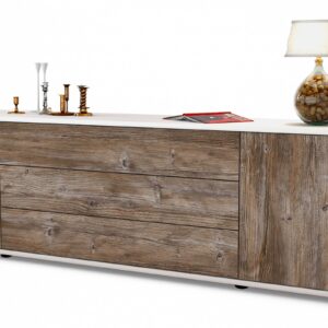 Lowboard Ariella | Korpus Weiß | Front in Treibholz Holz Optik | 180x49x35cm (BxHxT)