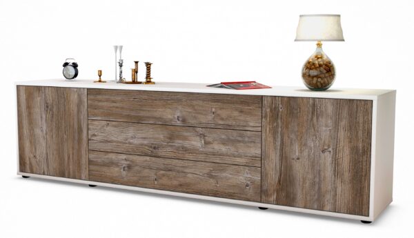 Lowboard Ariella | Korpus Weiß | Front in Treibholz Holz Optik | 180x49x35cm (BxHxT)