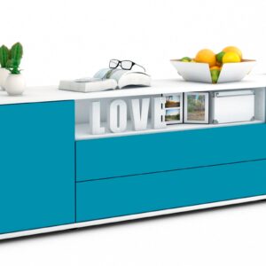 Lowboard Armanda | Korpus Weiß | Front in Türkis | 180x49x35cm (BxHxT)