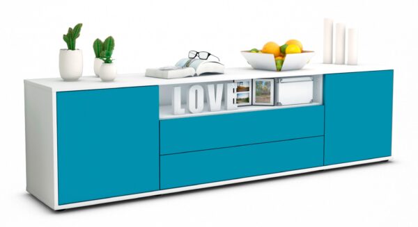Lowboard Armanda | Korpus Weiß | Front in Türkis | 180x49x35cm (BxHxT)