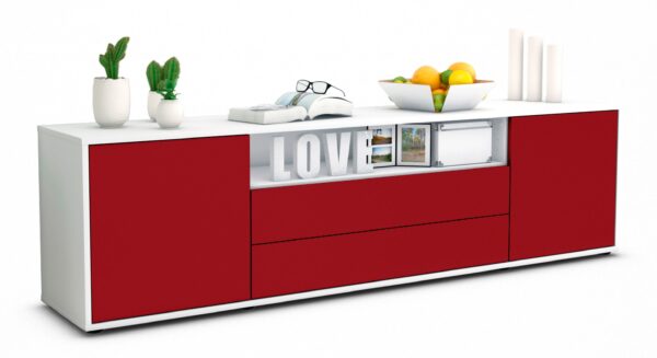Lowboard Armanda | Korpus Weiß | Front in Bordeaux | 180x49x35cm (BxHxT)