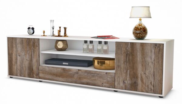 Lowboard Armida | Korpus Weiß | Front in Treibholz Holz Optik | 180x49x35cm (BxHxT)