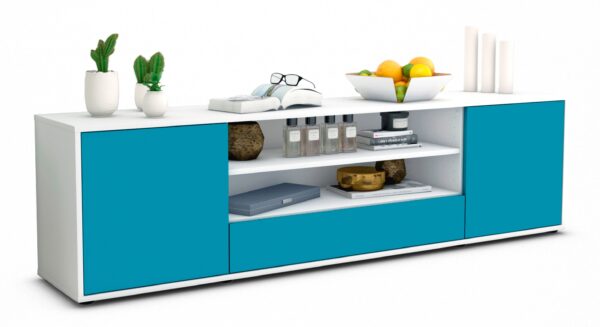 Lowboard Armida | Korpus Weiß | Front in Türkis | 180x49x35cm (BxHxT)