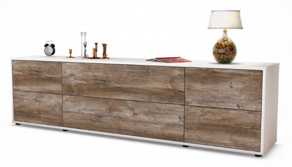 Lowboard Assunta | Korpus Weiß | Front in Treibholz Holz Optik | 180x49x35cm (BxHxT)