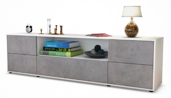 Lowboard Atlanta | Korpus Weiß | Front in Beton Optik | 180x49x35cm (BxHxT)