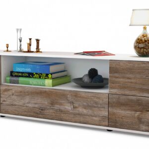 Lowboard Atlanta | Korpus Weiß | Front in Treibholz Holz Optik | 180x49x35cm (BxHxT)