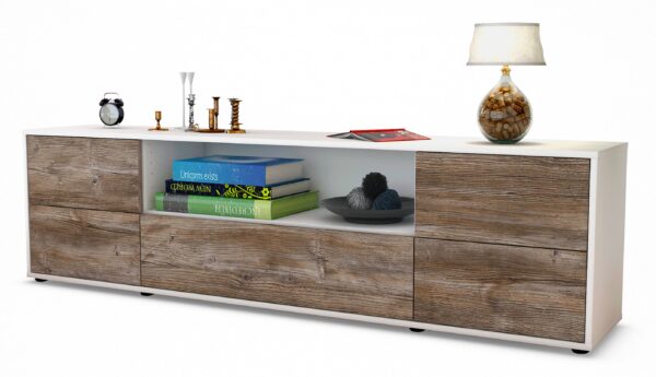 Lowboard Atlanta | Korpus Weiß | Front in Treibholz Holz Optik | 180x49x35cm (BxHxT)