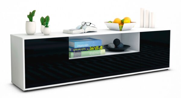 Lowboard Atlanta | Korpus Weiß | Front in Hochglanz Schwarz | 180x49x35cm (BxHxT)