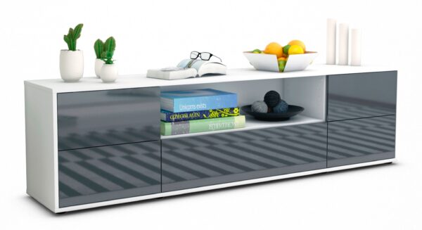Lowboard Atlanta | Korpus Weiß | Front in Hochglanz Grau | 180x49x35cm (BxHxT)