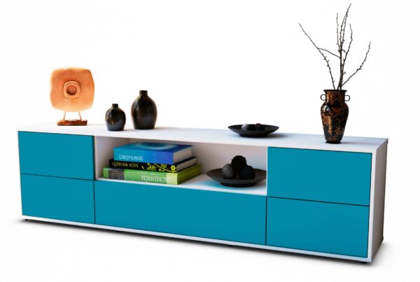 Lowboard Atlanta | Korpus Weiß | Front in Türkis | 180x49x35cm (BxHxT)