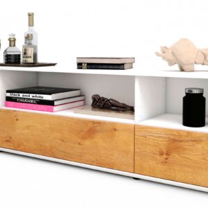 Lowboard Aurelia | Korpus Weiß | Front in Eiche Holz Optik | 180x49x35cm (BxHxT)