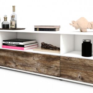 Lowboard Aurelia | Korpus Weiß | Front in Treibholz Holz Optik | 180x49x35cm (BxHxT)