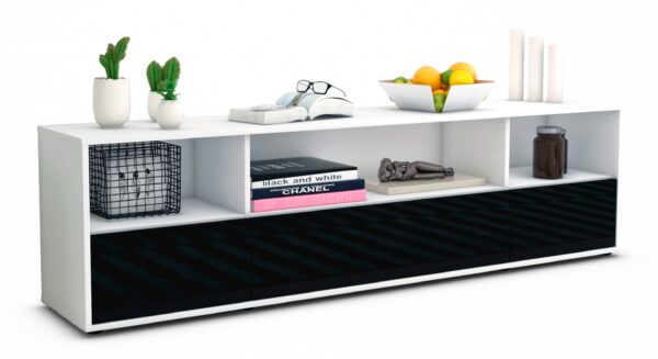 Lowboard Aurelia | Korpus Weiß | Front in Hochglanz Schwarz | 180x49x35cm (BxHxT)