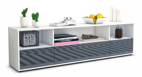 Lowboard Aurelia | Korpus Weiß | Front in Hochglanz Grau | 180x49x35cm (BxHxT)