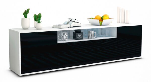 Lowboard Aurora | Korpus Weiß | Front in Hochglanz Schwarz | 180x49x35cm (BxHxT)