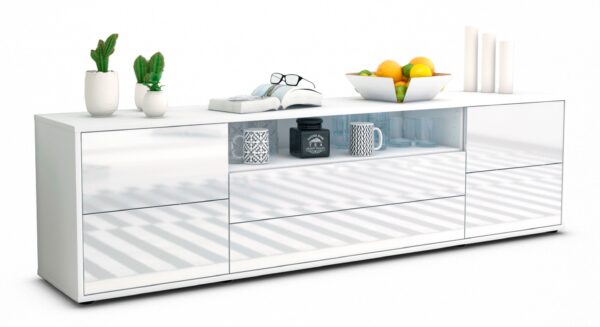 Lowboard Aurora | Korpus Weiß | Front in Hochglanz Weiß | 180x49x35cm (BxHxT)