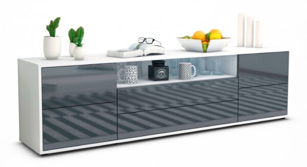 Lowboard Aurora | Korpus Weiß | Front in Hochglanz Grau | 180x49x35cm (BxHxT)
