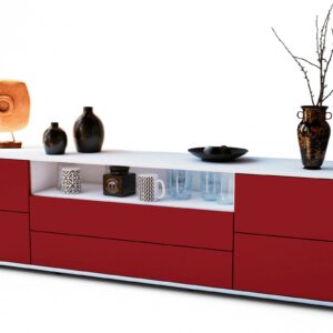 Lowboard Aurora | Korpus Weiß | Front in Bordeaux | 180x49x35cm (BxHxT)