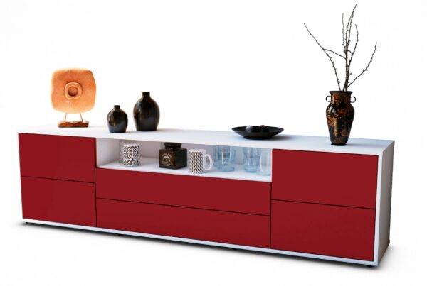 Lowboard Aurora | Korpus Weiß | Front in Bordeaux | 180x49x35cm (BxHxT)