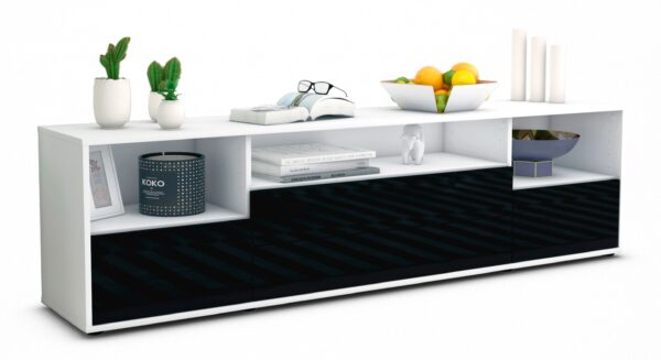 Lowboard Azula | Korpus Weiß | Front in Hochglanz Schwarz | 180x49x35cm (BxHxT)