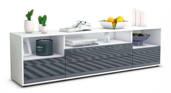 Lowboard Azula | Korpus Weiß | Front in Hochglanz Grau | 180x49x35cm (BxHxT)