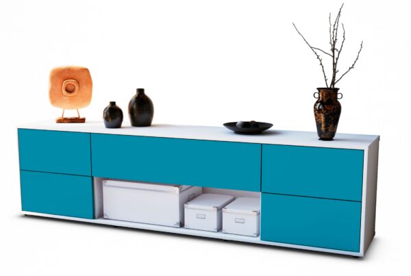Lowboard Babetta | Korpus Weiß | Front in Türkis | 180x49x35cm (BxHxT)