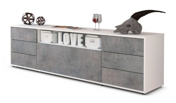 Lowboard Beatrice | Korpus Weiß | Front in Beton Optik | 180x49x35cm (BxHxT)
