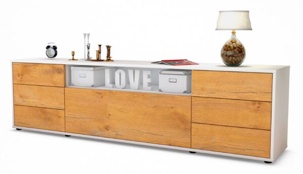 Lowboard Beatrice | Korpus Weiß | Front in Eiche Holz Optik | 180x49x35cm (BxHxT)